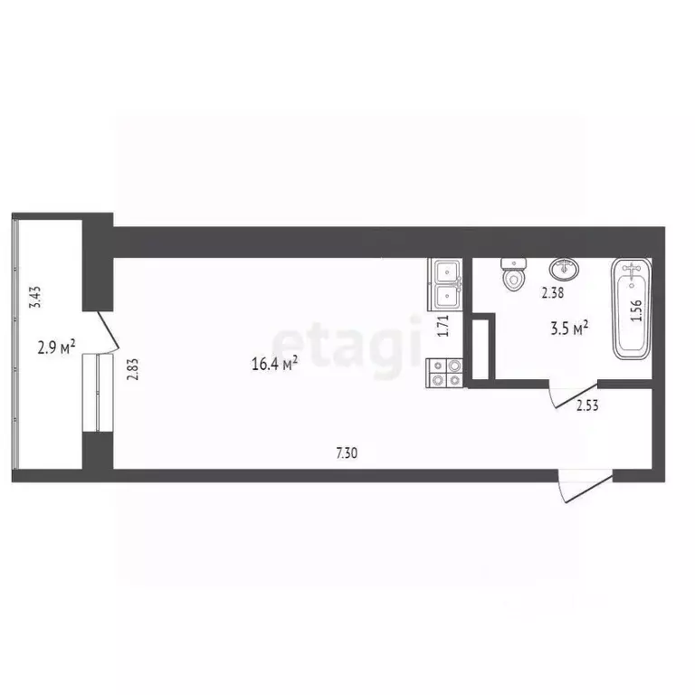 Студия Тюменская область, Тюмень ул. Новоселов, 107к1 (15.1 м) - Фото 2
