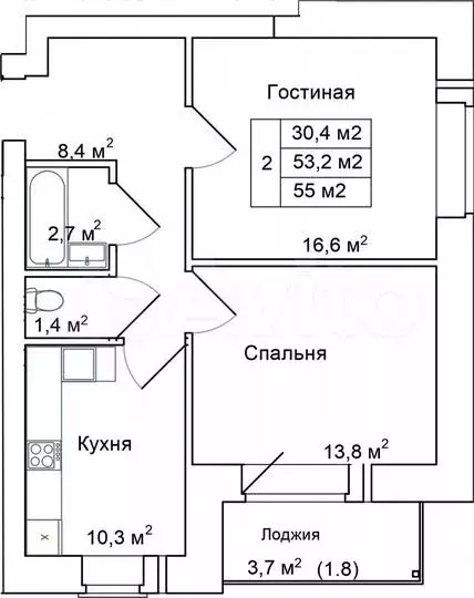 2-к. квартира, 55м, 8/9эт. - Фото 0