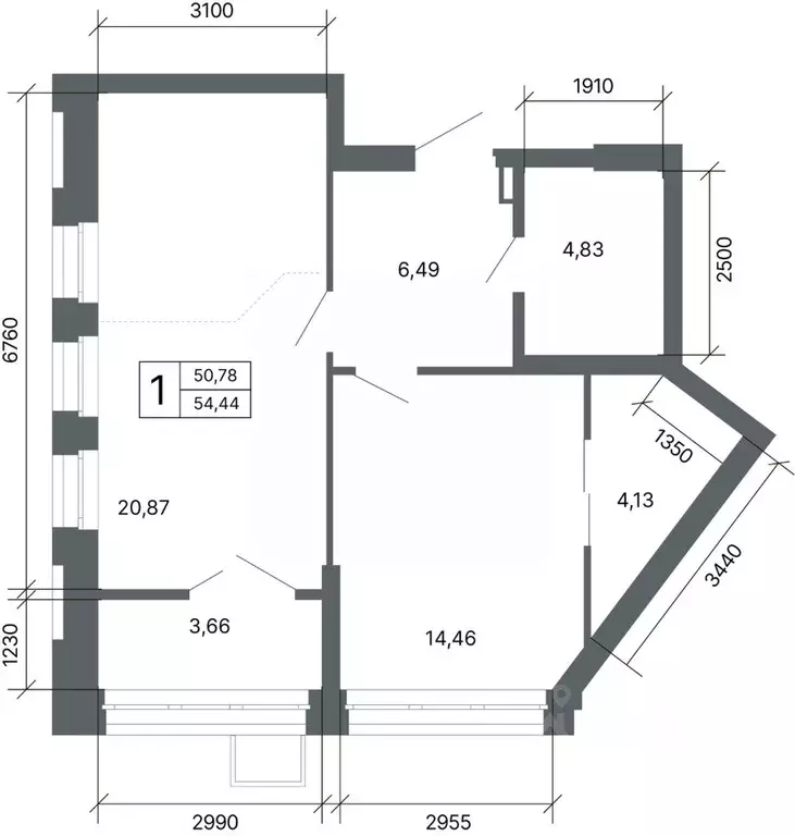 1-к кв. Свердловская область, Екатеринбург ул. Мира, 47/6 (53.8 м) - Фото 1