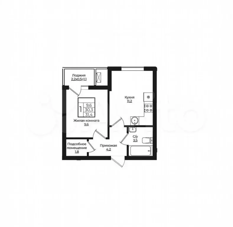 1-к. квартира, 31,4 м, 6/7 эт. - Фото 1