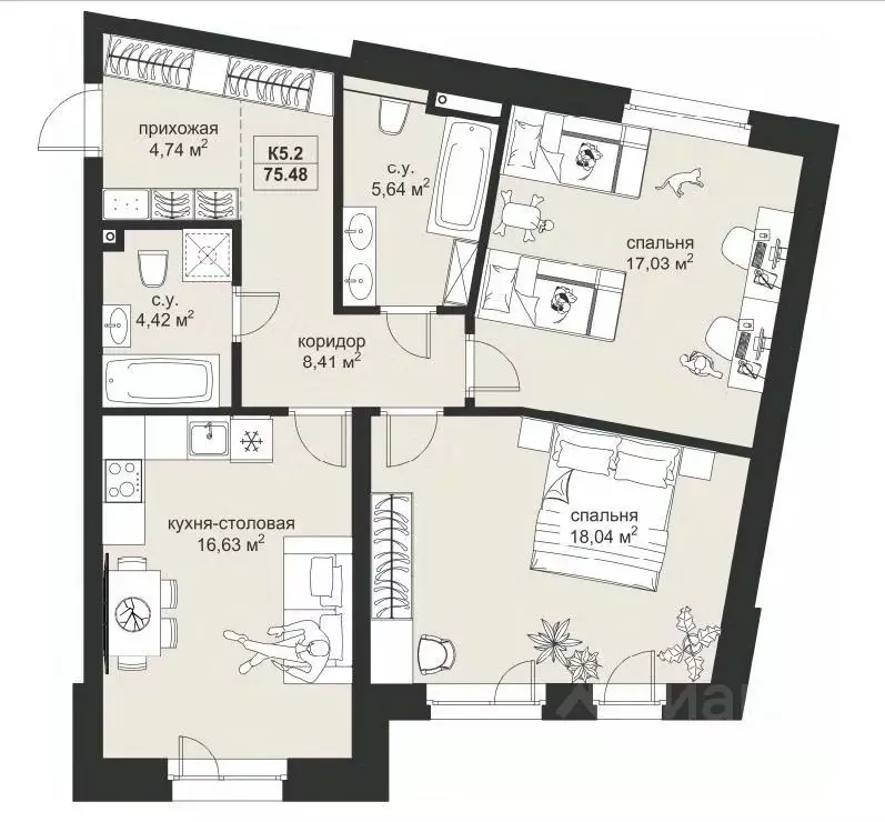 2-к кв. Татарстан, Казань ул. Рустема Яхина, 5 (75.48 м) - Фото 1