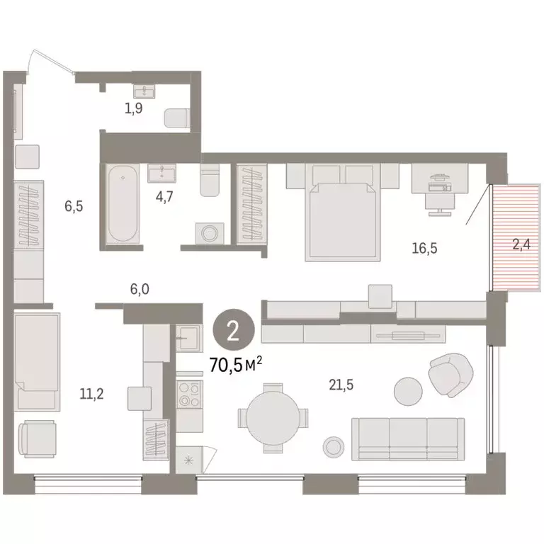 2-комнатная квартира: Тюмень, Краснооктябрьская улица, 4к3 (70.51 м) - Фото 1