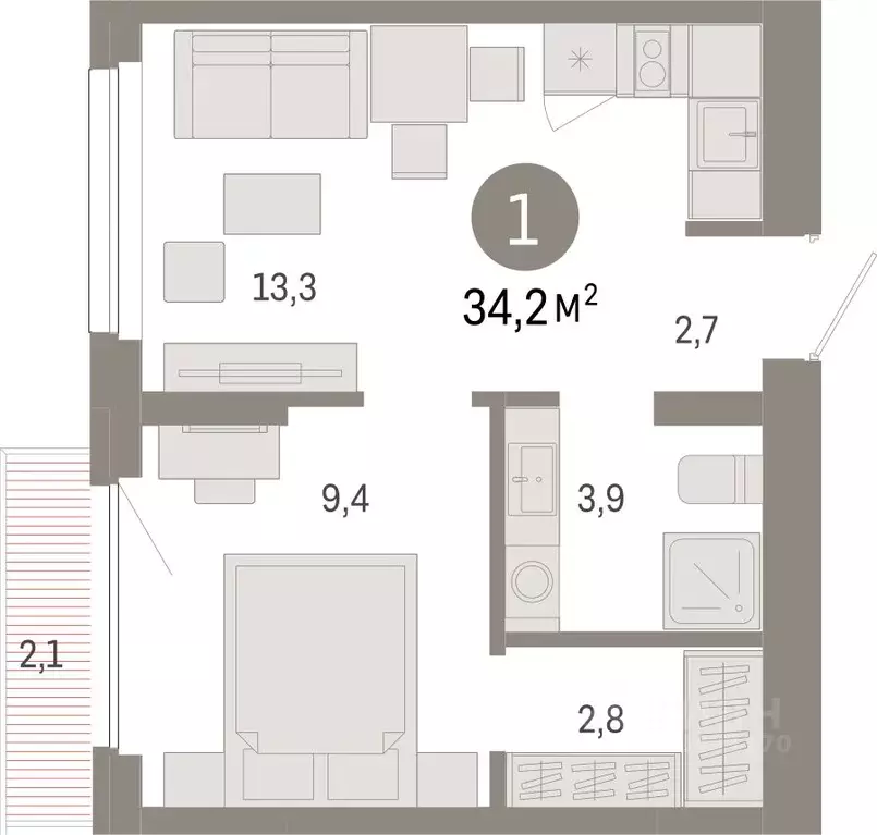 1-к кв. Новосибирская область, Новосибирск Лебедевский кв-л, 1/4 (34.2 ... - Фото 2