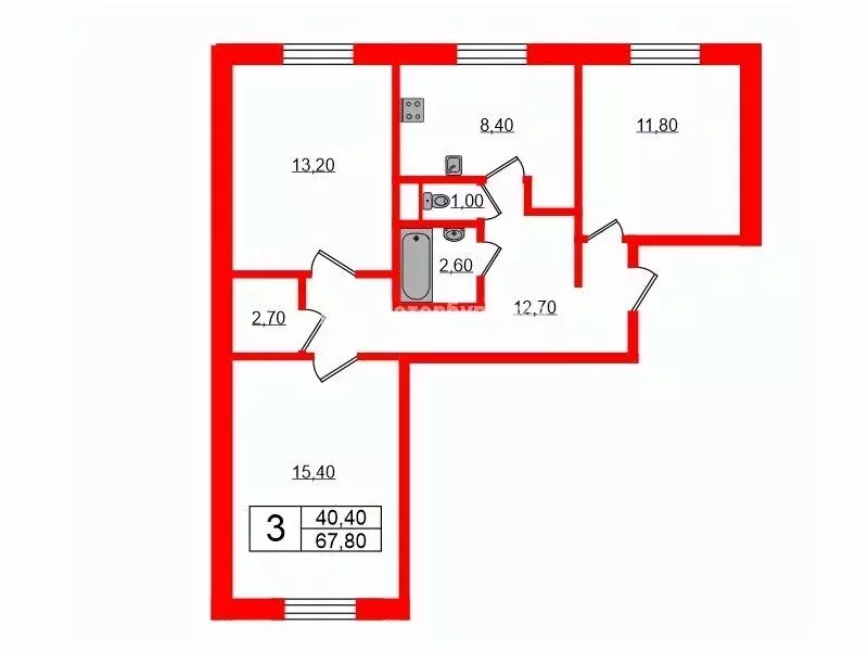 3-к кв. Санкт-Петербург Стародеревенская ул., 6К3 (67.8 м) - Фото 1