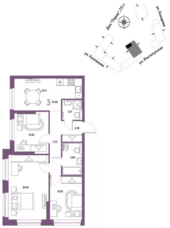 3-к квартира, 74 м - Фото 0