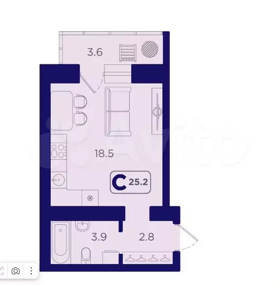 Квартира-студия, 25,2 м, 13/14 эт. - Фото 1