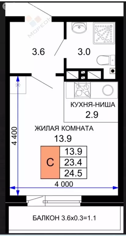 Квартира-студия: Краснодар, улица Лётчика Позднякова, 2к15 (23.9 м) - Фото 0