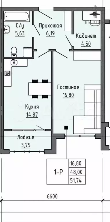 2-к. квартира, 53,7 м, 10/19 эт. - Фото 0