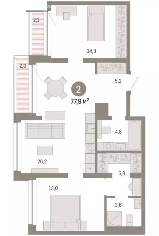 2-комнатная квартира: Тюмень, улица Муравленко, 9/2 (77.94 м) - Фото 1