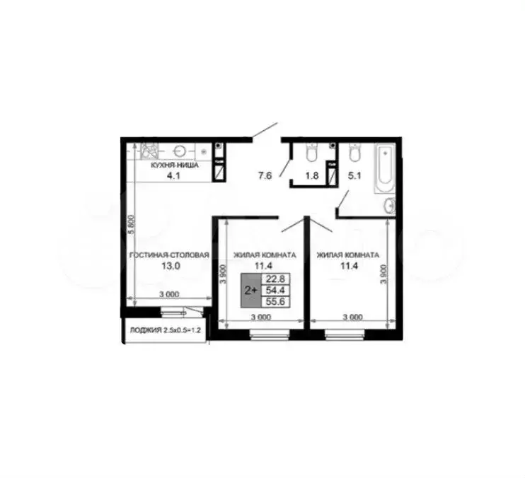2-к. квартира, 55,6 м, 15/16 эт. - Фото 0