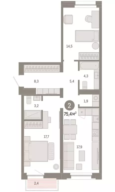 2-комнатная квартира: Тюмень, Мысовская улица, 26к2 (75.44 м) - Фото 1