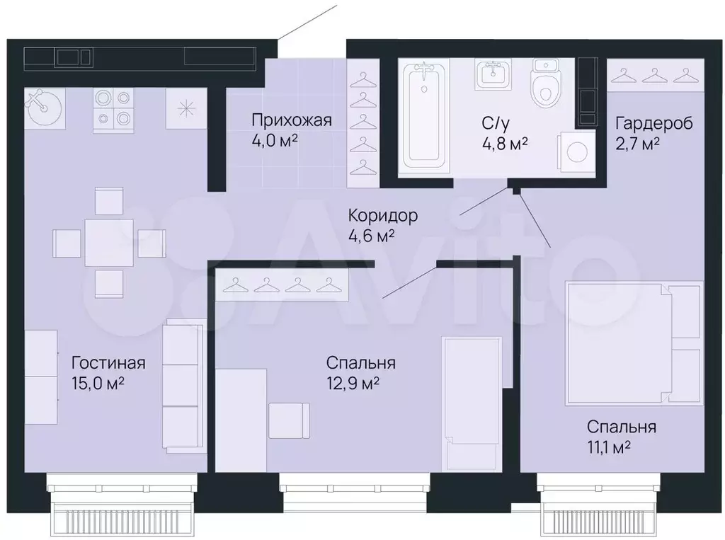2-к. квартира, 55,1 м, 3/9 эт. - Фото 0