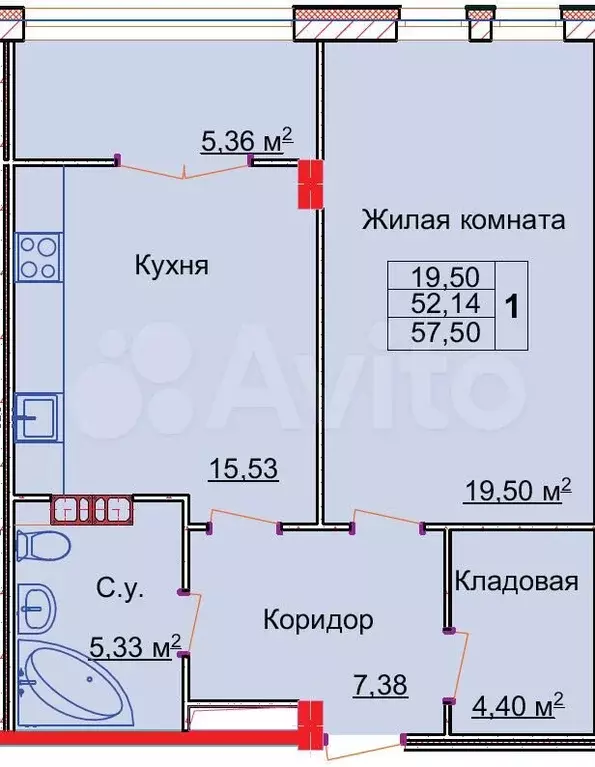 1-к. квартира, 57,5 м, 7/15 эт. - Фото 0