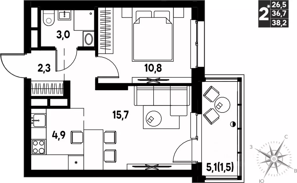 Студия Пермский край, д. Кондратово просп. Дягилева, 3 (38.2 м) - Фото 1