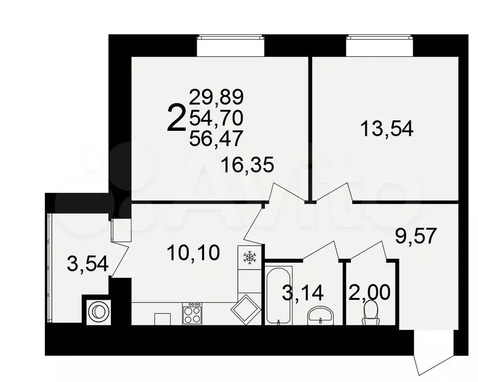 2-к. квартира, 56,5 м, 14/15 эт. - Фото 1