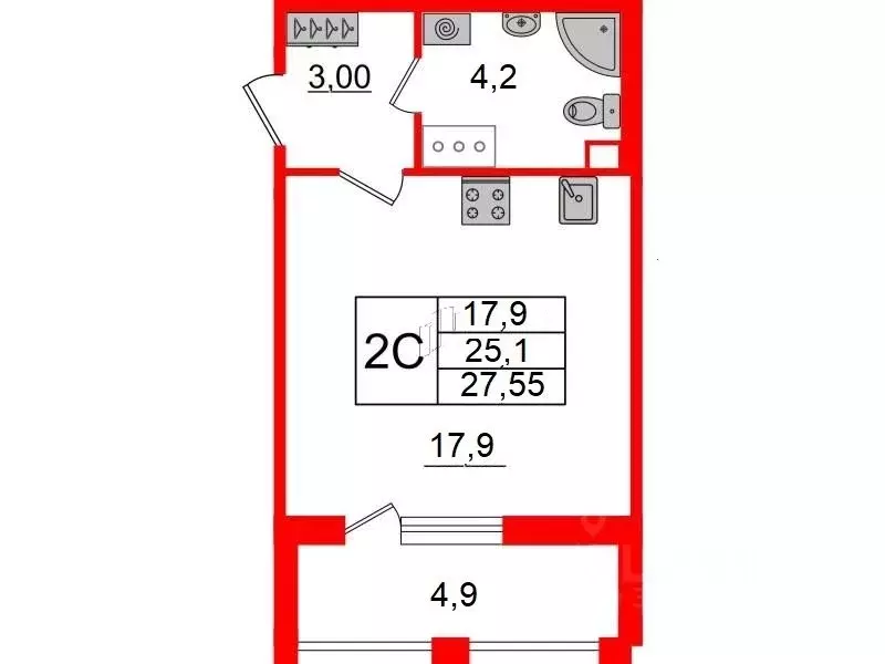 Студия Санкт-Петербург Уральская ул., 25 (25.1 м) - Фото 0