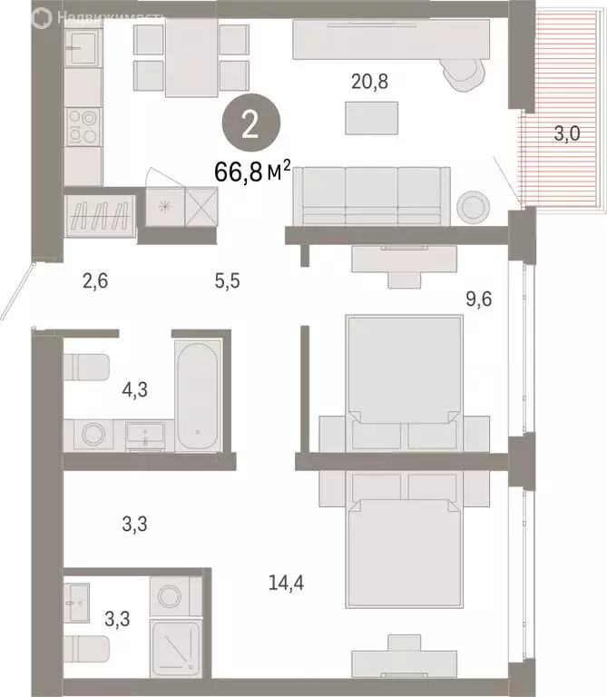 2-комнатная квартира: Тюмень, улица Республики, 205к3 (66.8 м) - Фото 2