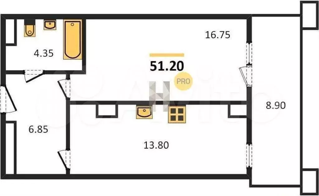 1-к. квартира, 52 м, 6/9 эт. - Фото 0