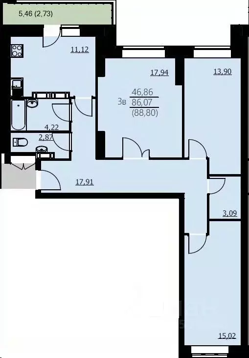 3-к кв. Ярославская область, Ярославль Красноборская ул., 38к3 (88.8 ... - Фото 1