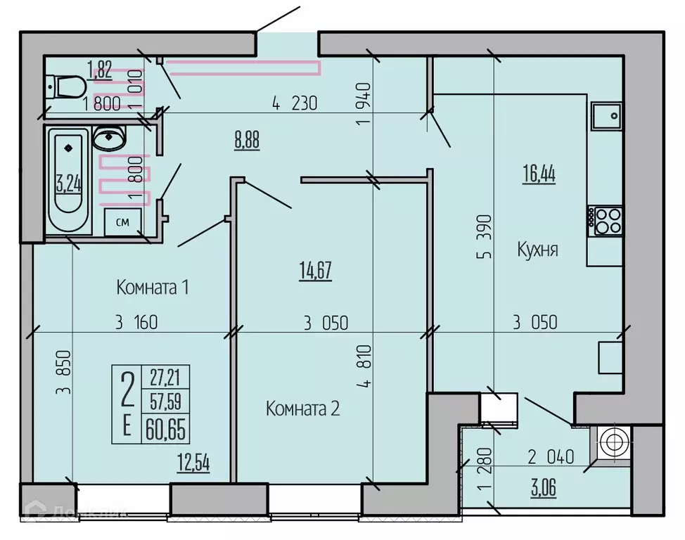 Продаётся 2-к квартира, 60.65 м - Фото 0