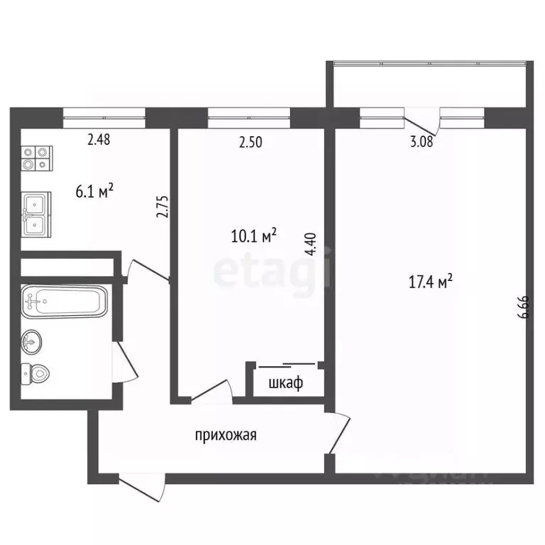 2-к кв. Томская область, Томск ул. Ивана Черных, 109/2 (43.4 м) - Фото 2