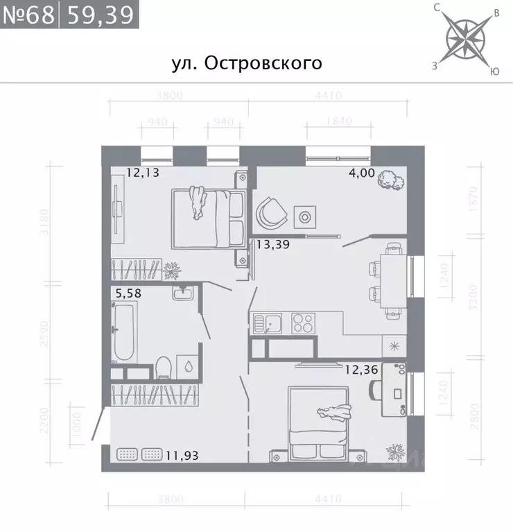 2-к кв. Татарстан, Казань ул. Островского, 110 (59.39 м) - Фото 1