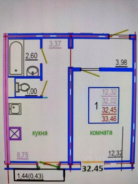 1-к кв. Челябинская область, Челябинск ул. Блюхера, 125Д (32.4 м) - Фото 1