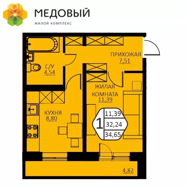 1-комнатная квартира: деревня Кондратово, улица Н.М. Яблокова, 6 (31.3 ... - Фото 1