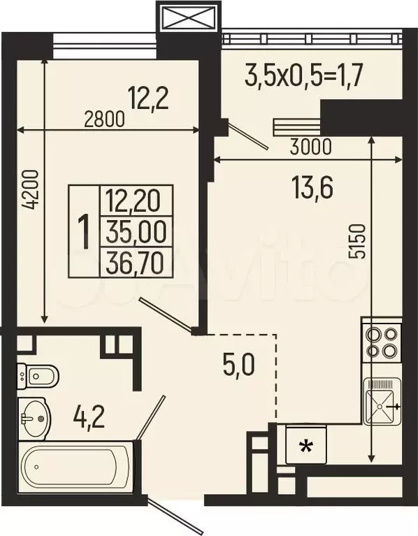 1-к. квартира, 36,7 м, 7/9 эт. - Фото 0