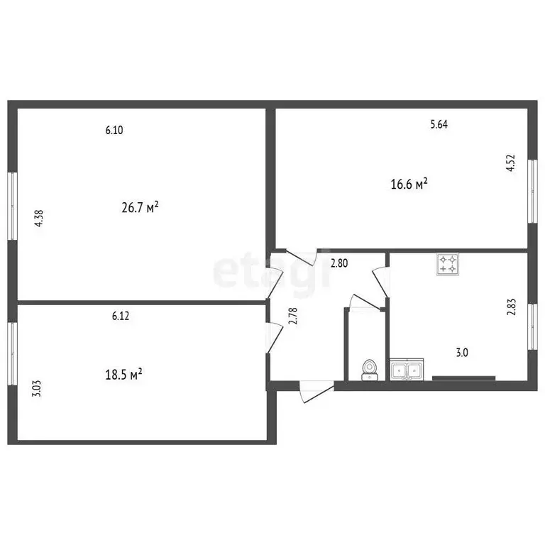 1к в 3-комнатной квартире (16.6 м) - Фото 1