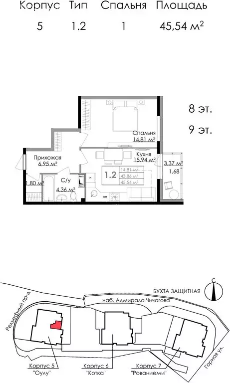 1-комнатная квартира: Выборг, набережная Адмирала Чичагова, 10 (44.8 ... - Фото 1