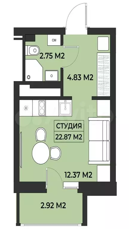 Апартаменты-студия, 22,9 м, 4/19 эт. - Фото 0