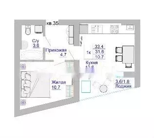 1-к. квартира, 34 м, 8/8 эт. - Фото 1