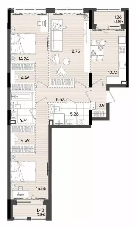 3-комнатная квартира: Казань, улица Аделя Кутуя, 181Ж (91.43 м) - Фото 1