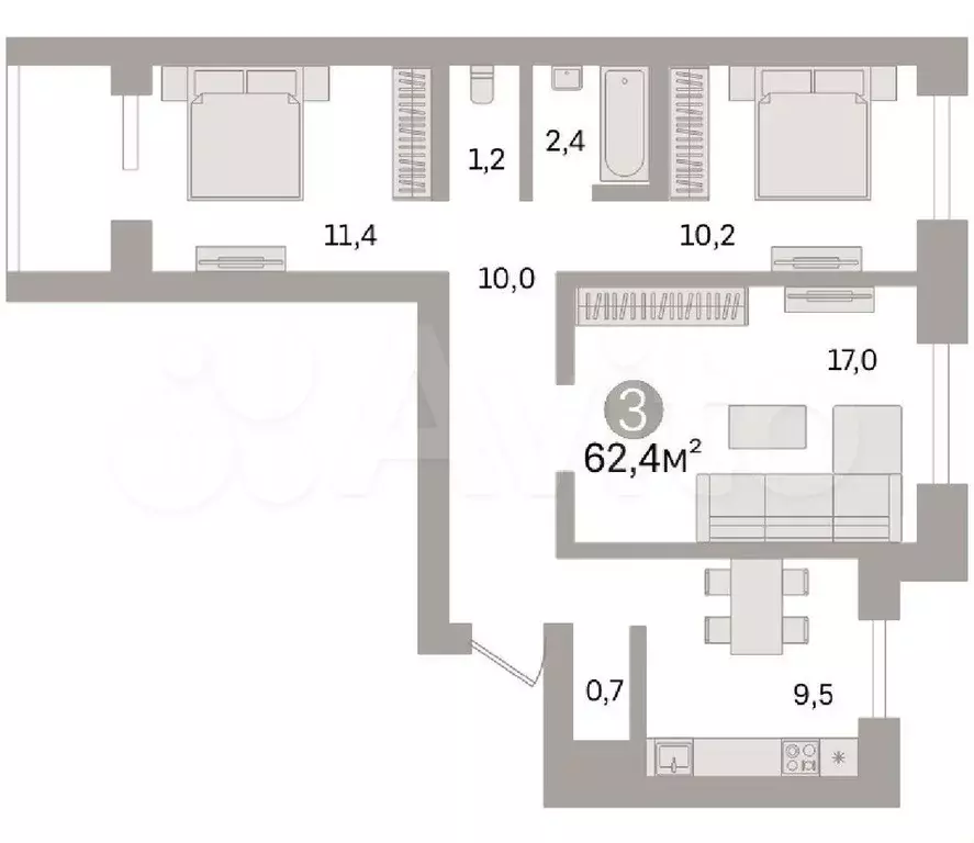 3-к. квартира, 62,6 м, 4/9 эт. - Фото 0