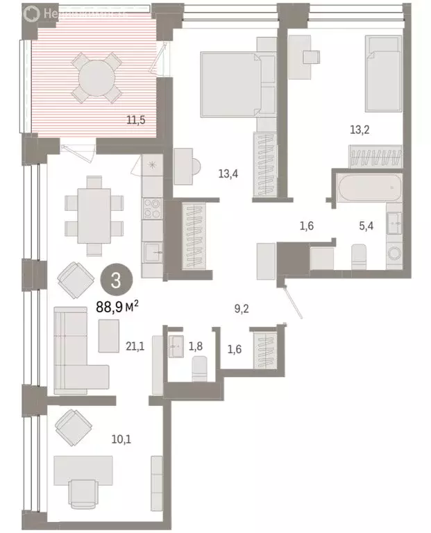 3-комнатная квартира: Тюмень, улица Муравленко, 9/2 (88.87 м) - Фото 1