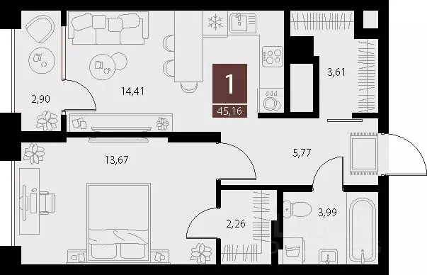 1-к кв. Рязанская область, Рязань ул. Бирюзова, 20с1 (45.16 м) - Фото 1