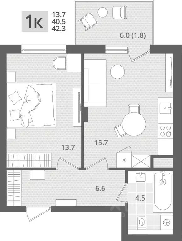 1-к кв. Калининградская область, Пионерский пос. Рыбное,  (42.3 м) - Фото 1