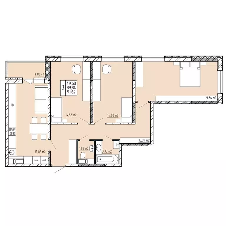 3-комнатная квартира: Калуга, улица Пухова, 58 (91.62 м) - Фото 1