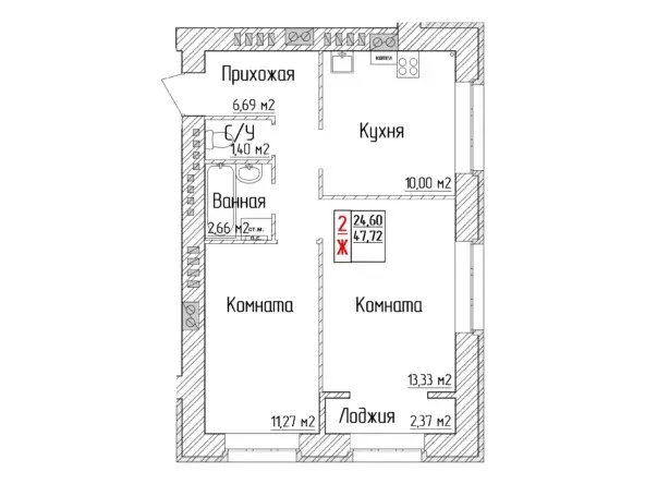 2-к квартира, 47.72 м - Фото 0