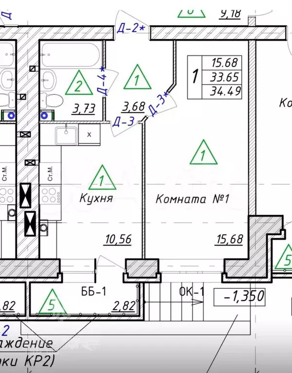 1-к. квартира, 34,5 м, 2/5 эт. - Фото 0