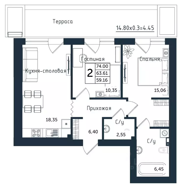 2-к кв. Калининградская область, Янтарный пгт ул. Советская (74.0 м) - Фото 1