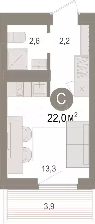 Квартира-студия, 22 м, 5/17 эт. - Фото 1