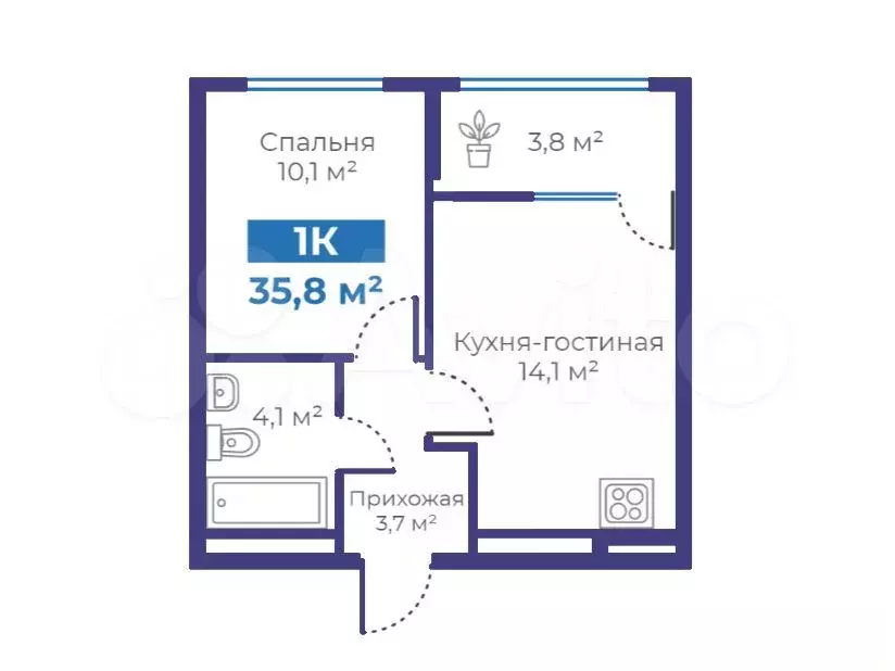 1-к. квартира, 35,8 м, 5/15 эт. - Фото 1