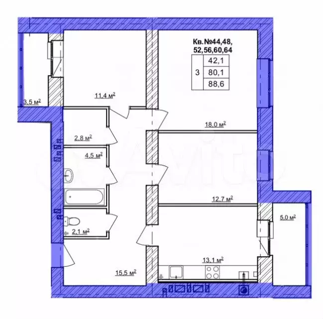 3-к. квартира, 88,6м, 5/9эт. - Фото 1