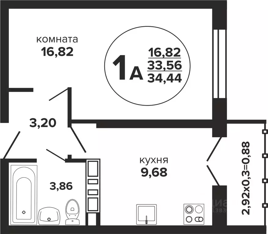 1-к кв. Краснодарский край, Краснодар Российская ул., 257/7 (34.44 м) - Фото 0