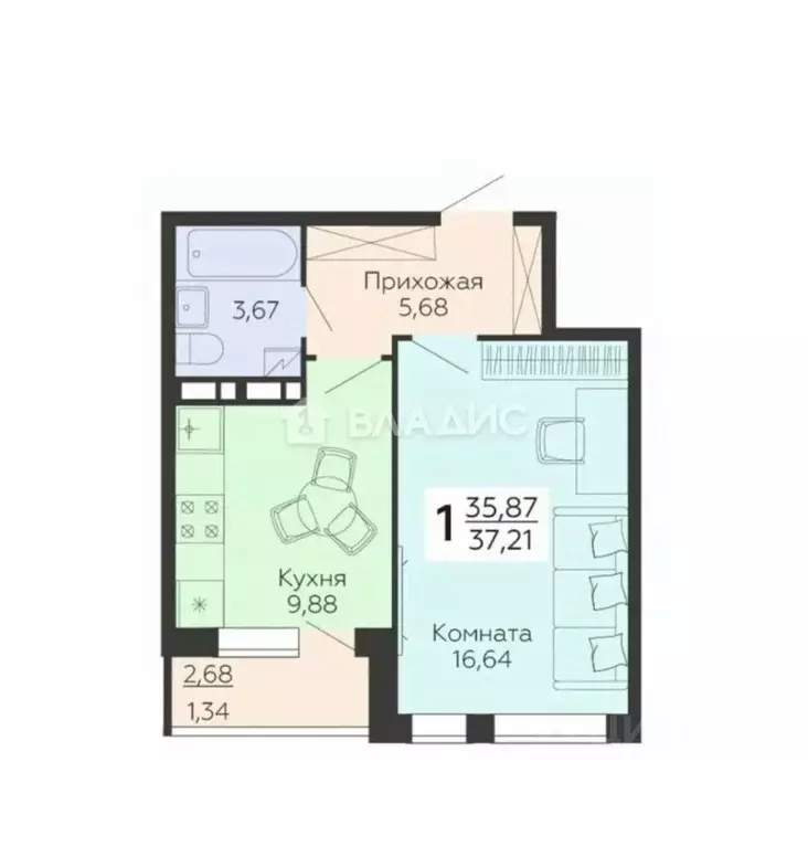 1-к кв. Воронежская область, Воронеж Московский просп., 122 (37.5 м) - Фото 2