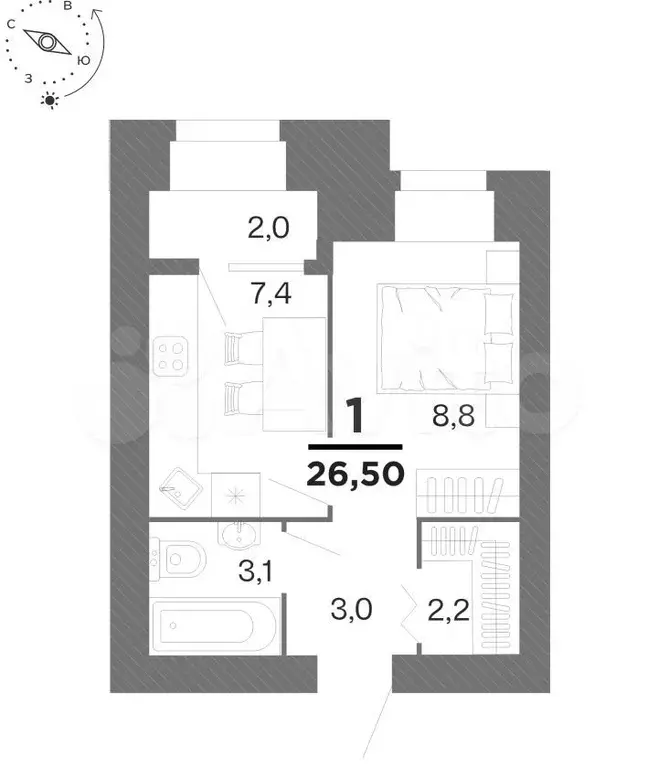 1-к. квартира, 26,5 м, 2/16 эт. - Фото 0