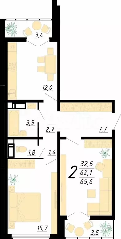 2-к. квартира, 65,6 м, 14/17 эт. - Фото 1
