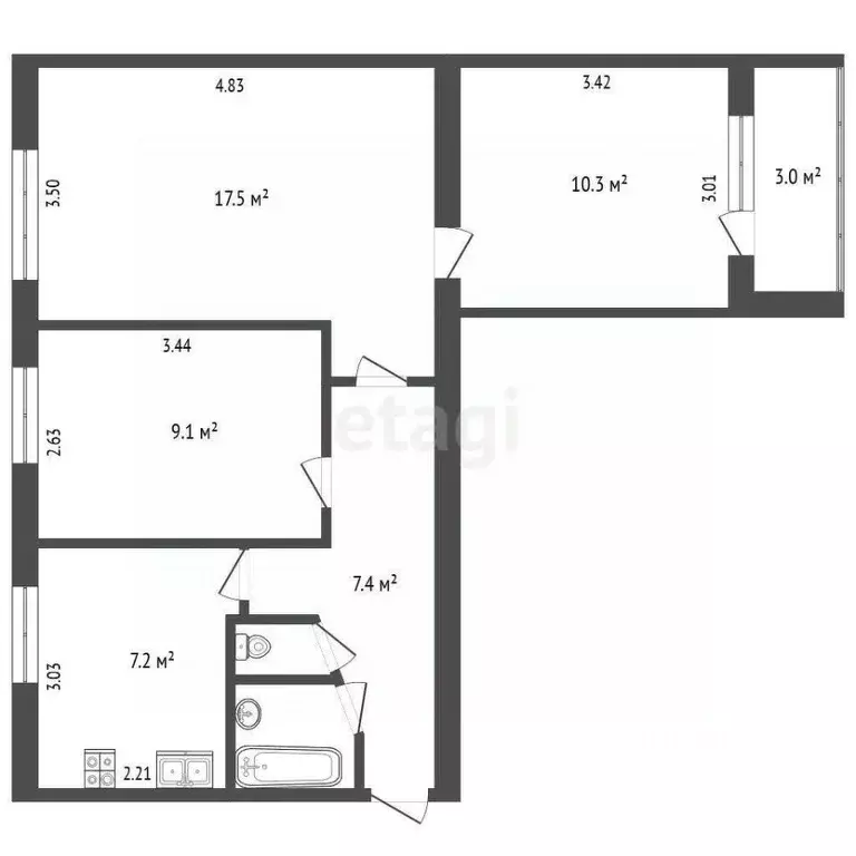 3-к кв. Вологодская область, Череповец ул. Командарма Белова, 19 (54.5 ... - Фото 2